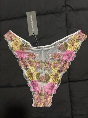 Savage X Fenty Sheer Floral Lace Thong in Pink & Yellow